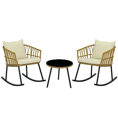 Outsunny 3 Piece Patio Rocking Chair Patio Set w/ Cushions & Glass Top, White