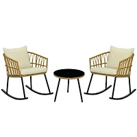 Outsunny 3 Piece Patio Rocking Chair Patio Set w/ Cushions & Glass Top, White