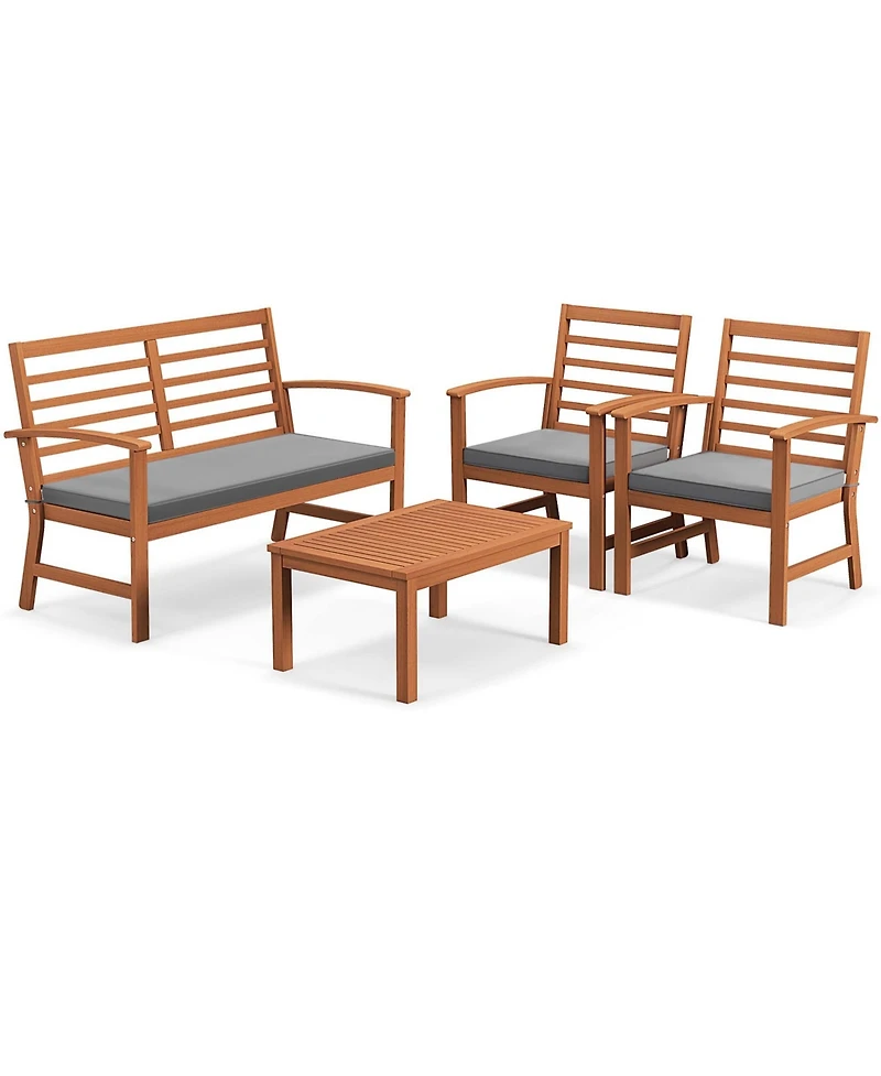 4 Pcs Outdoor Furniture Set with Soft Seat Cushions Stable Acacia Wood Frame