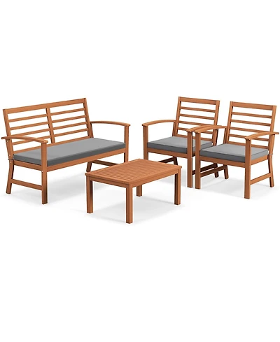 4 Pcs Outdoor Furniture Set with Soft Seat Cushions Stable Acacia Wood Frame