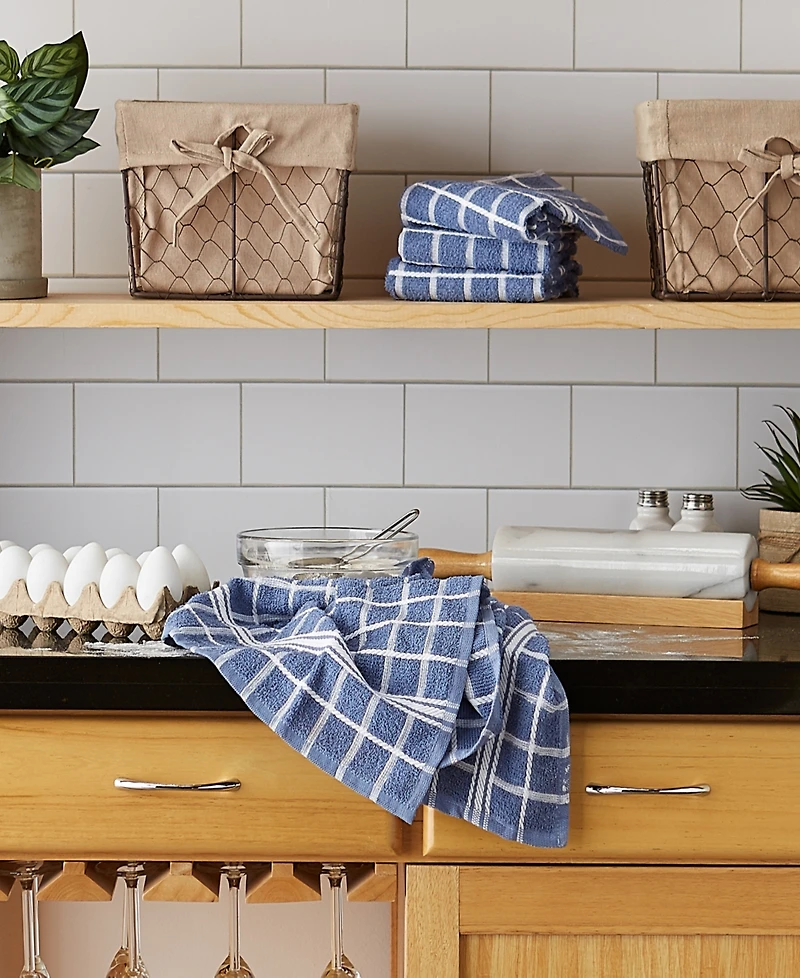 Design Imports Basic Terry Collection Windowpane Dishtowel Set, 16x26", Stonewash Blue Check, 4 Piece