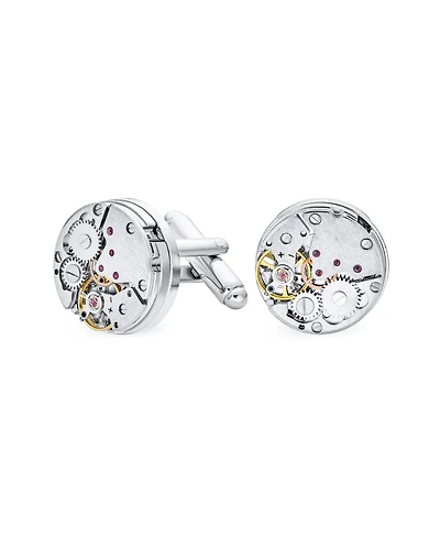 Bling Jewelry Mechanic Steam Moving Gears Wheel Solid Shirt Cufflinks Two Tone Stainless Steel Hinge Bullet Back