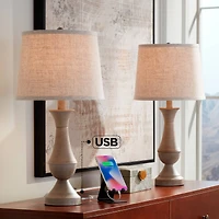 Regency Hill Avery Traditional Table Lamps 25" High Set of 2 Faux Wood with Usb Charging Port Led Touch On Off Beige Shades for Living Room Home