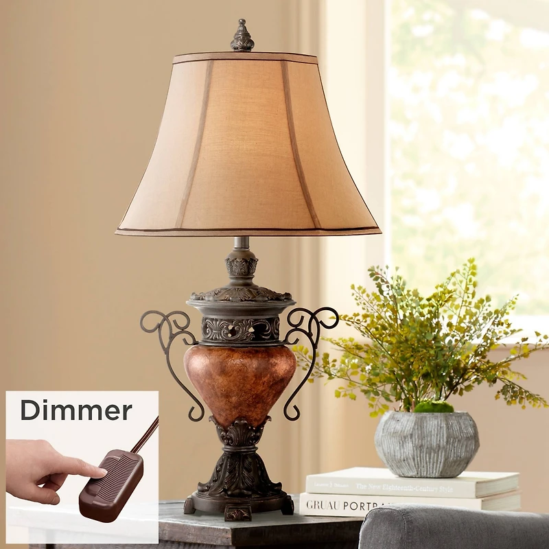 Regency Hill Traditional Rustic Urn Table Lamp with Table Top Dimmer 31.5" Tall Bronze Finish Bell Shade for Living Room Bedroom House Home