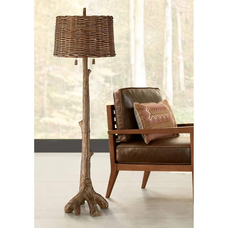 Barnes and Ivy Forrest Sequoia Tree Rustic Country Cottage Floor Lamp 61" Tall Faux Wood Brown Wicker Drum Shade for Living Room Bedroom Office H