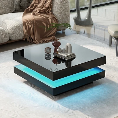 Simplie Fun High Gloss Minimalist Design With Plug-In 16-Color Led Lights, 2-Tier Square Coffee Table