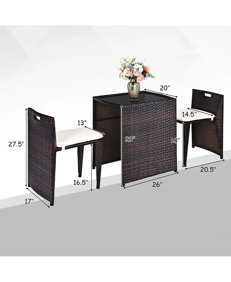 3 Pieces Cushioned Outdoor Wicker Patio Set with No Assembly Needed