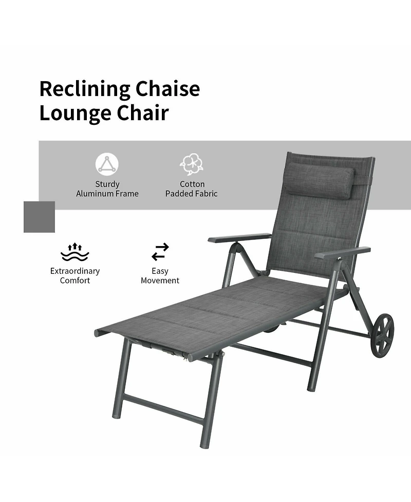 Inolait Patio Reclining Chaise Lounge with Adjust Neck Pillow