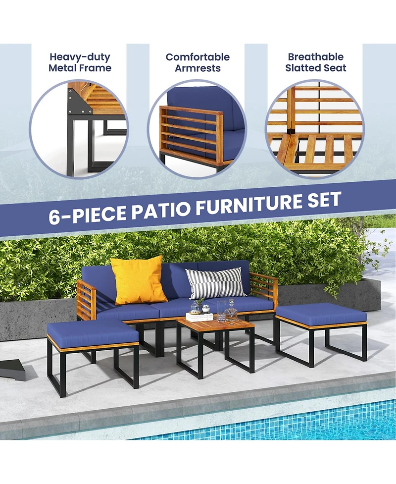 Costway 6pcs Patio Acacia Wood Conversation Sofa Seat Set Ottomans Table Outdoor