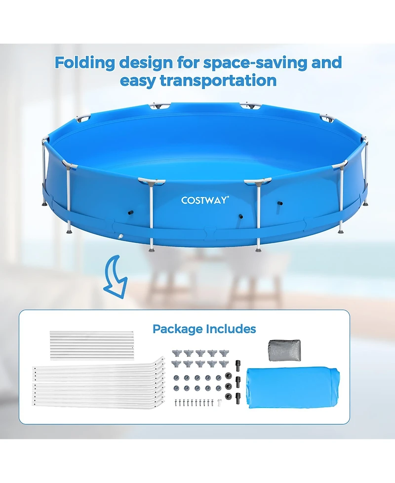 Round Above Ground Swimming Pool Patio Frame W/ Cover Iron