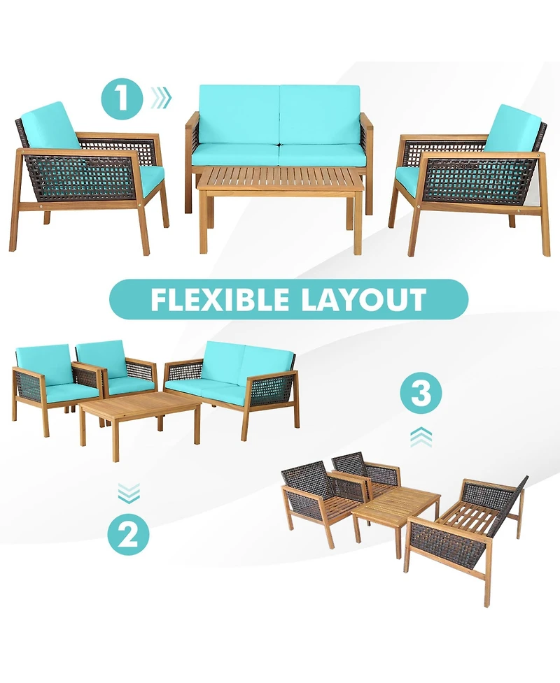 Gymax 4PCS Patio Acacia Wood Furniture Set Pe Rattan Conversation Set w/ Turquoise Cushions