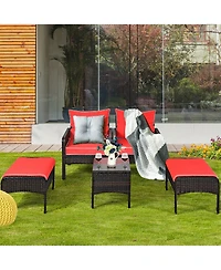 5 Pcs Rattan Wicker Furniture Set Sofa Ottoman W/Brown Cushion Patio Garden Yard