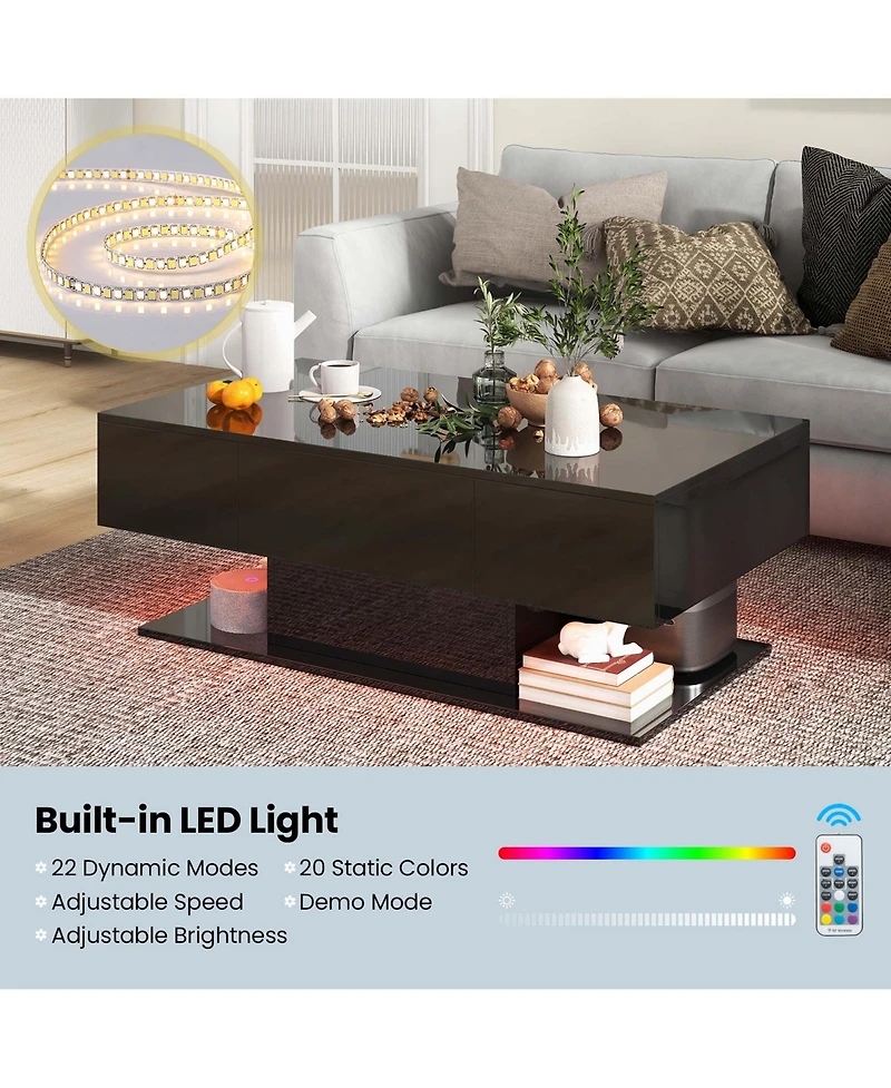 Led Coffee Table with 2 Drawers 20-Color Dimmable Led Lights & Remote Control