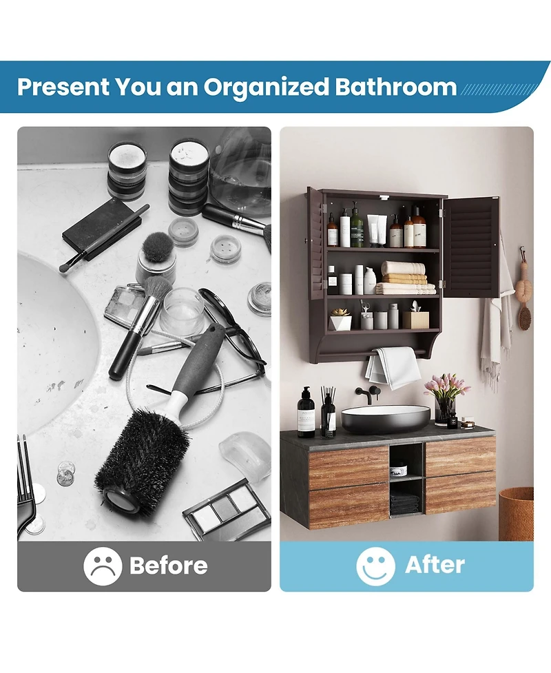 Bathroom Wall Mounted Medicine Cabinet with Louvered Doors & Towel Bar
