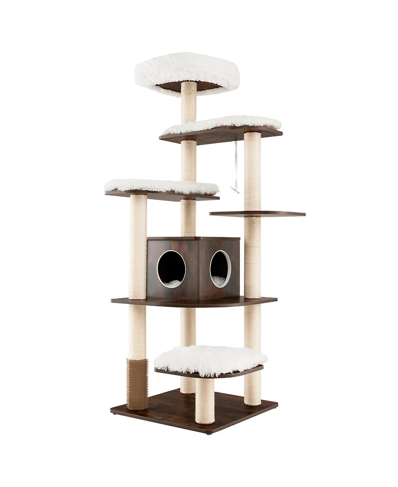 Wooden Cat Tree 71'' 7-Layer Cat Tower with Sisal Scratching Posts Perch & Cushions