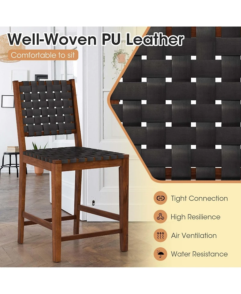 Woven Bar Stools Set of 2 Counter Height Dining Chairs Faux Pu Leather Kitchen