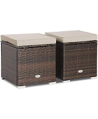 2PCS Patio Rattan Ottomans Seat Side Table Storage Box Footstool with Cushion