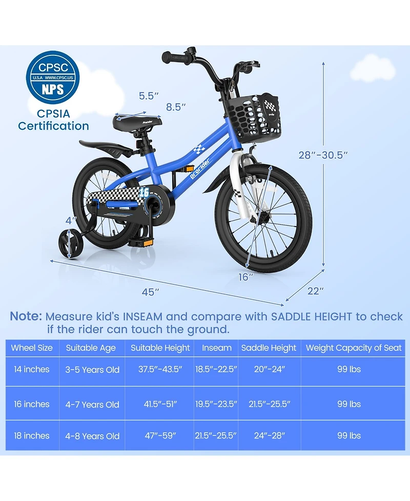 16'' Kid's Bike with Removable Training Wheels & Basket for 4-7 Years Old