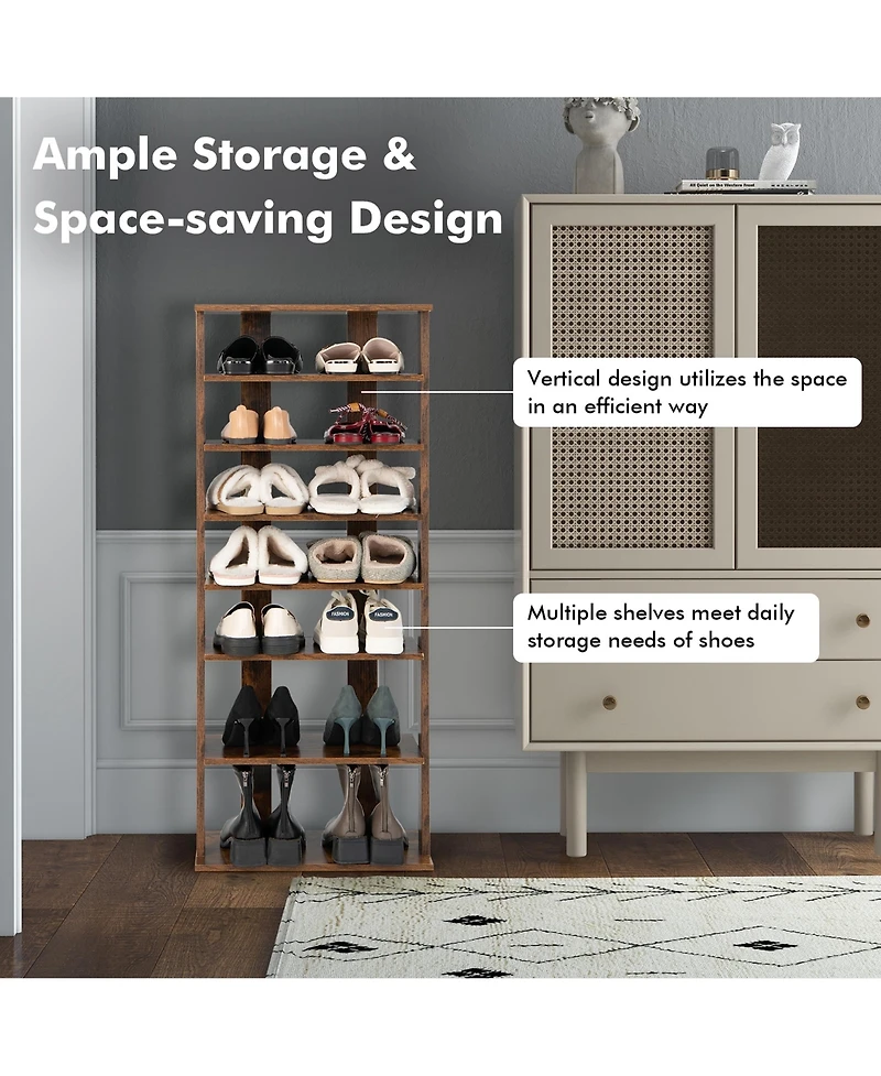 Patented 7-Tier Double Rows Shoe Rack Vertical Wooden Storage Organizer Rustic