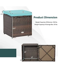 2PCS Patio Rattan Ottomans Seat Side Table Storage Box Footstool with Cushion