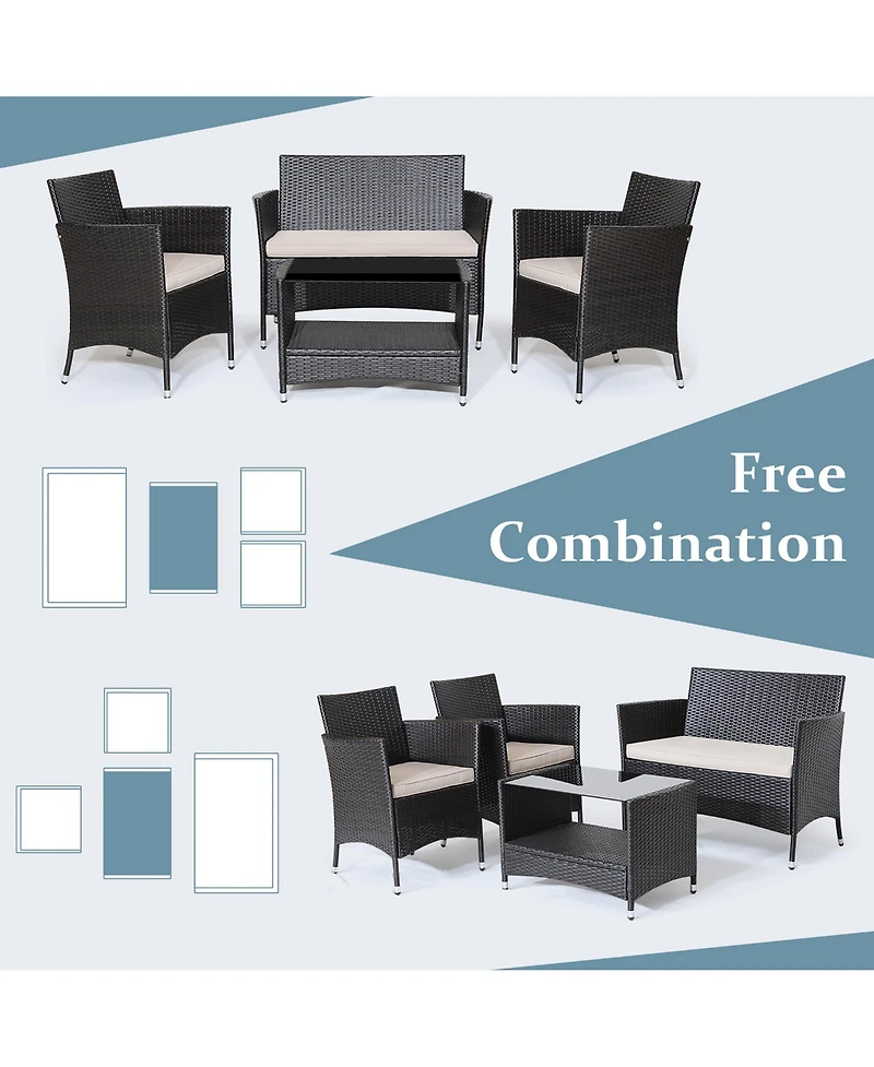 4PCS Patio Rattan Furniture Set Armrest Cushion Sofa Coffee Table withShelf Garden