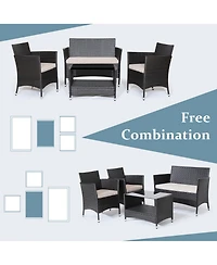 4PCS Patio Rattan Furniture Set Armrest Cushion Sofa Coffee Table withShelf Garden