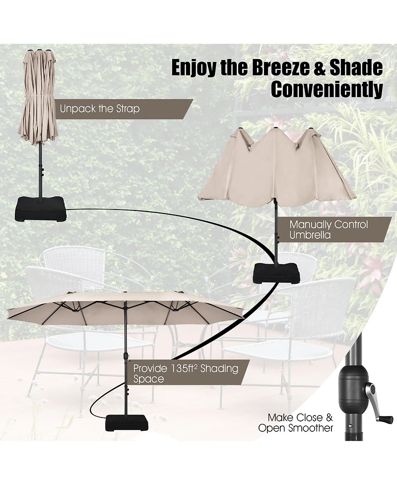 15FT Double-Sided Twin Patio Umbrella Sun Shade Outdoor Crank Market Base