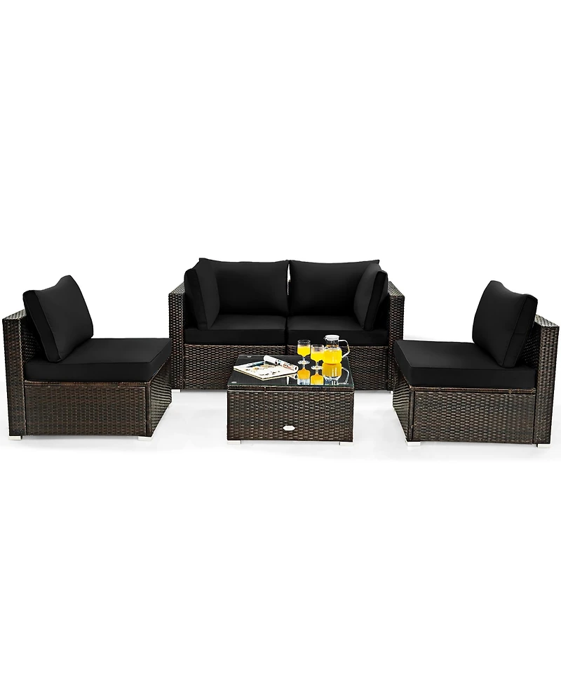 5PCS Patio Rattan Furniture Set Cushioned Sofa Chair Coffee Table