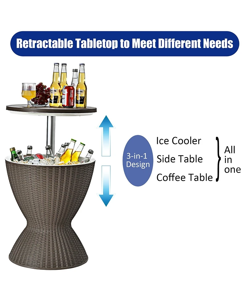 8 Gallon 3 in 1 Patio Rattan Cooler Bar Table Adjust Ice Bucket
