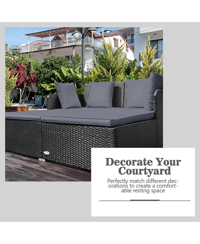 Outdoor Patio Rattan Daybed Pillows Cushioned Sofa Furniture