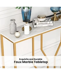 44" Gold Console Table with Faux Marble Tabletop Golden Metal Frame for Entrance