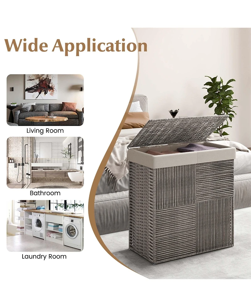 Hand-woven Rattan Laundry Hamper with Lid Removable Liner Bag 29-Gallon 2-Section