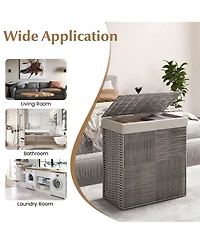 Hand-woven Rattan Laundry Hamper with Lid Removable Liner Bag 29-Gallon 2-Section