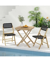 Costway 2 Piece Patio Folding Chairs with Woven Rope Seat & High Back Teak Wood for Porch