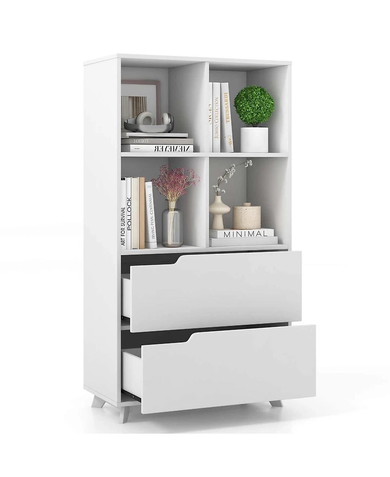 Bookcase with 2 Drawers 4-Tier Open Bookshelf with 4 Storage Cubes for Home Office