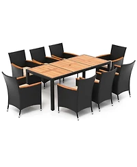 9 Pcs Outdoor Dining Set with Acacia Wood Tabletop, Umbrella Hole, Seat Cushions