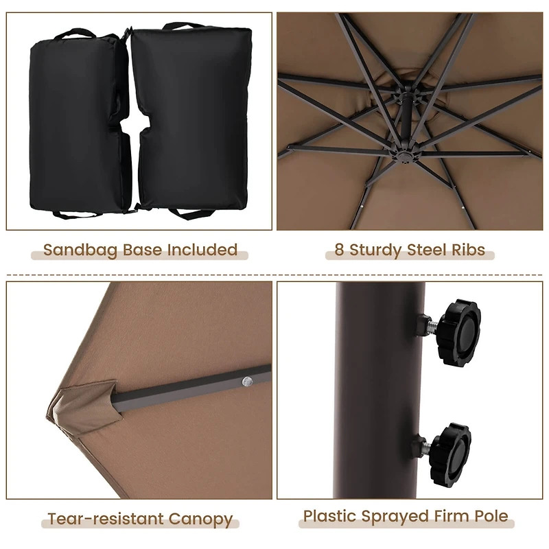 Patio 10FT Hanging Offset Umbrella 32 Led Lights Sand Bag Outdoor Cross Base