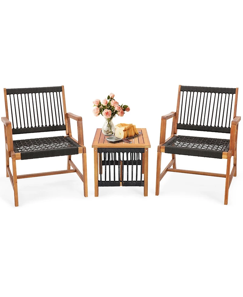 Patio 3pcs Acacia Wood Outdoor Furniture Bistro Set All-Weather Rope Woven