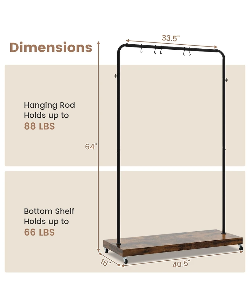 Industrial Pipe Rolling Garment Rack Heavy Duty Clothing Rack with Hooks & Shelf