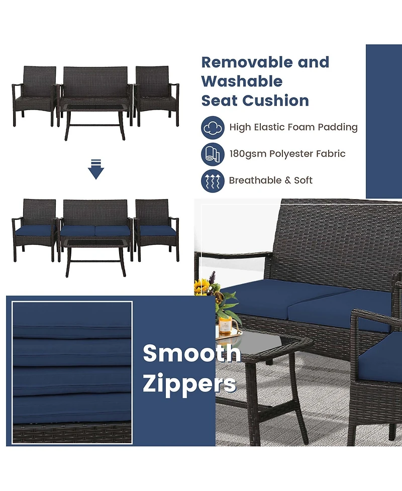 4PCS Patio Rattan Wicker Furniture Set Cushioned Sofa Armrest Coffee Table