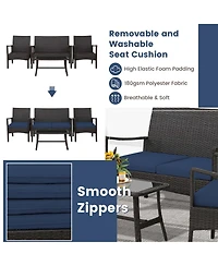 4PCS Patio Rattan Wicker Furniture Set Cushioned Sofa Armrest Coffee Table
