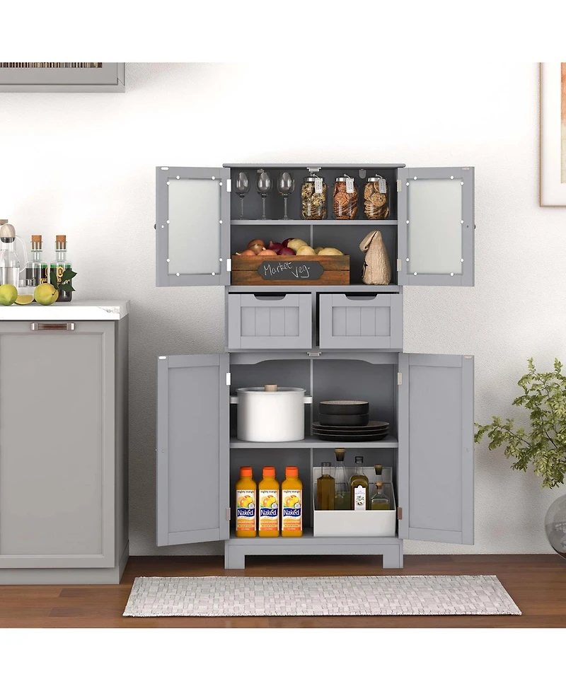 Bathroom Floor Storage Cabinet Kitchen Cupboard with 2 Drawers & Glass Doors