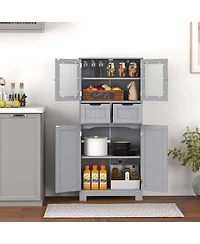 Bathroom Floor Storage Cabinet Kitchen Cupboard with 2 Drawers & Glass Doors