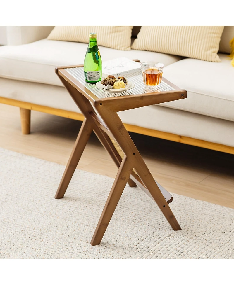 Rattan Side Table Bamboo Accent Bedside with Tempered Glass Top