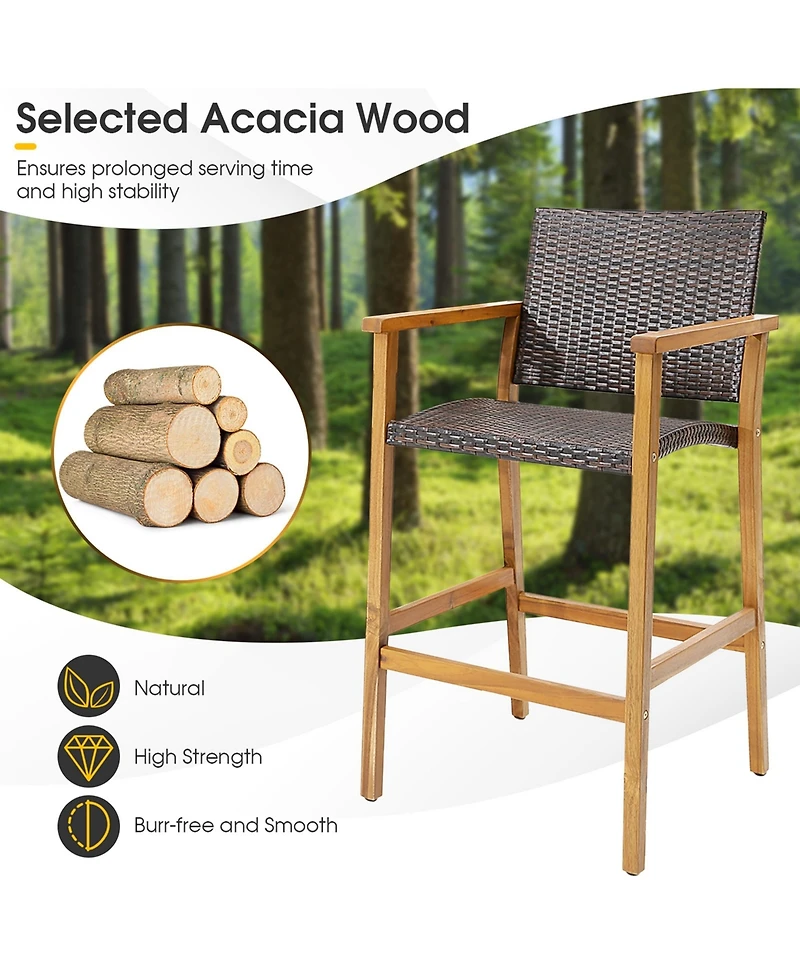2PCS Patio Pe Wicker Bar Chairs Height Barstools with Acacia Wood Armrests