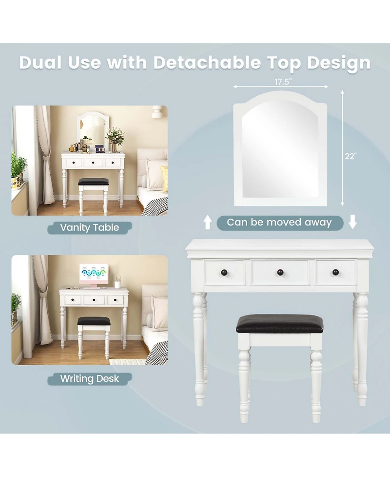 Vanity Table Set Makeup Desk Cushioned Stool 3 Drawer Large Mirror