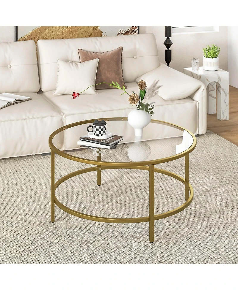 36'' Round Coffee Table Tempered Glass Tabletop Metal Frame Living Room