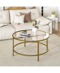 36'' Round Coffee Table Tempered Glass Tabletop Metal Frame Living Room