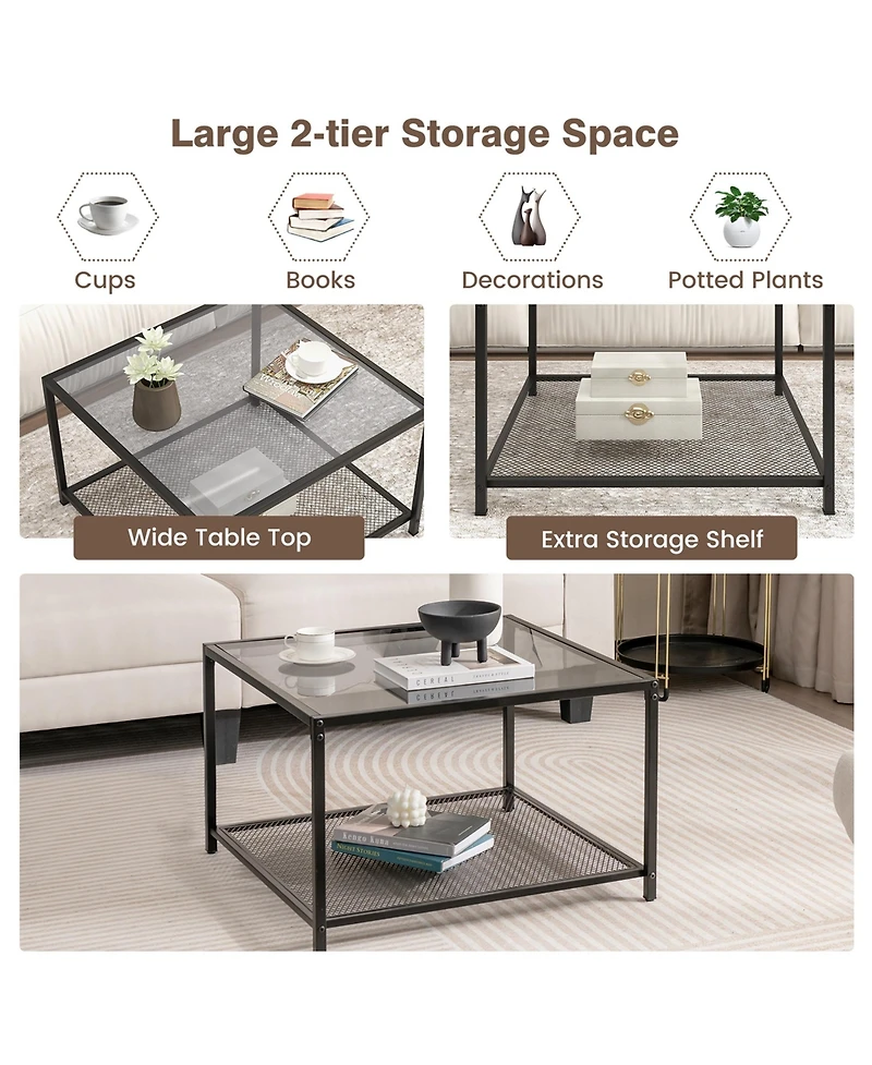 Glass Coffee Table 27.5 Inch 2-Tier Square with Mesh Shelf Living Room