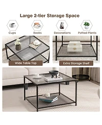 Glass Coffee Table 27.5 Inch 2-Tier Square with Mesh Shelf Living Room
